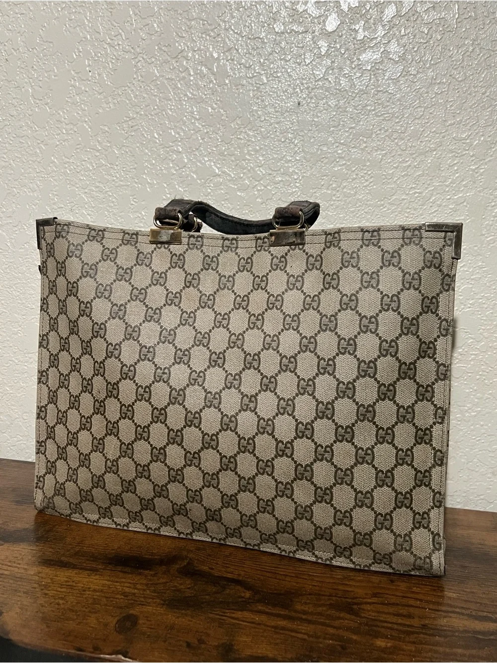 Gucci Beige Monogram Canvas Briefcase with Red & Green Web Stripe